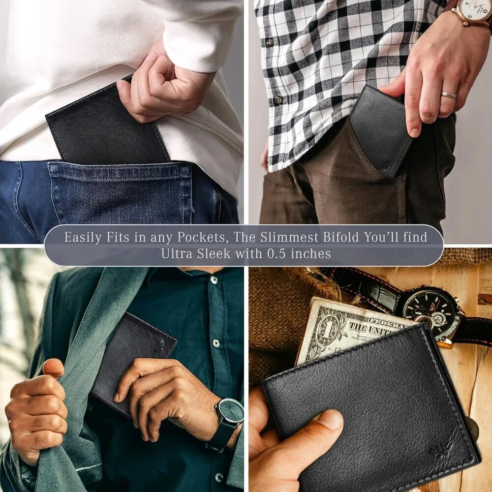 Men's Fashion Genuine Leather Slim Bifold Black Wallet Card Stylish Blocking